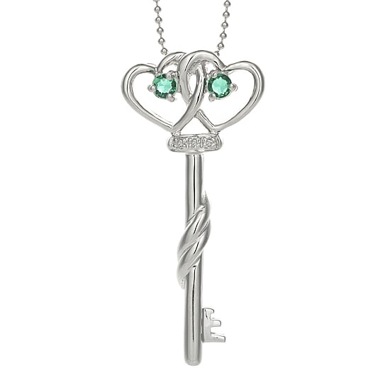 Lab-Created Emerald and Diamond-Accent Double-Heart and Key Pendant Necklace