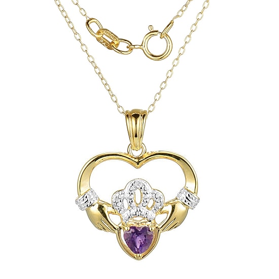 Heart-Shaped Genuine Amethyst and Diamond-Accent Claddagh Pendant Necklace