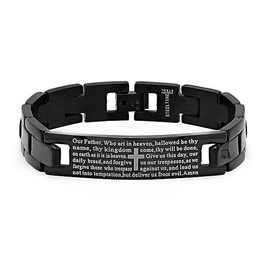 Steeltime Lord'S Prayer Black Ion Plated Mens Stainless Steel Solid Hypoallergenic 8 Inch Link Bracelet