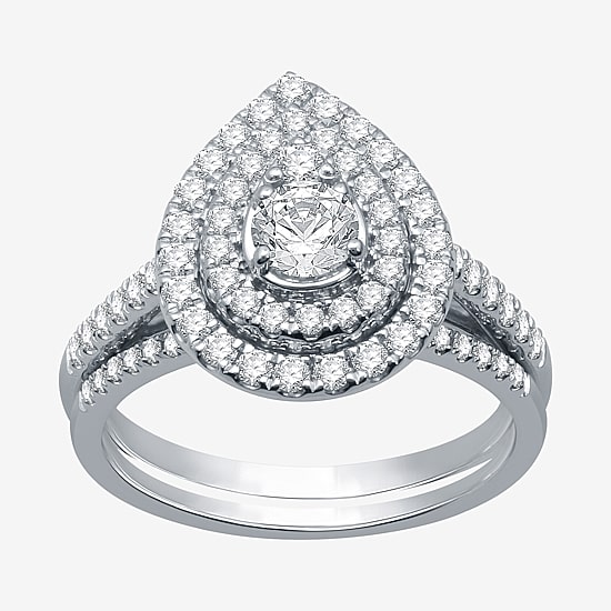 I Said Yes (H-I / I1) Womens 1 1/10 CT. T.W. Lab Grown White Diamond Sterling Silver or 14K Gold Over Silver Pear Side Stone Halo Bridal Set