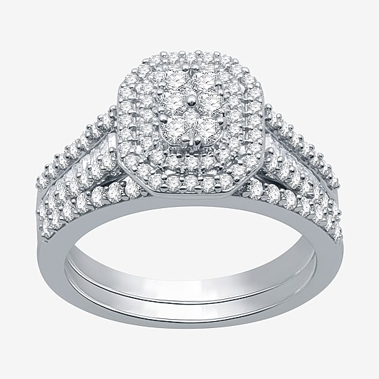 I Said Yes (H-I / I1) Womens 1 CT. T.W. Lab Grown White Diamond Sterling Silver or 14K Gold Over Silver Side Stone Halo Bridal Set