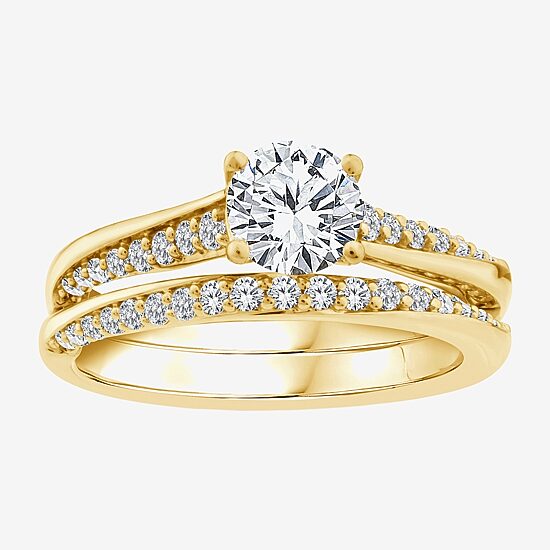 (F / Vs2) Womens 1 CT. T.W. Lab Grown White Diamond 10K Gold Round Side Stone Bridal Set