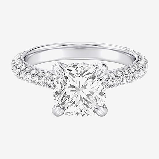 (G / Si2) Womens 4 CT. T.W. Lab Grown White Diamond 10K Gold Cushion Side Stone Engagement Ring