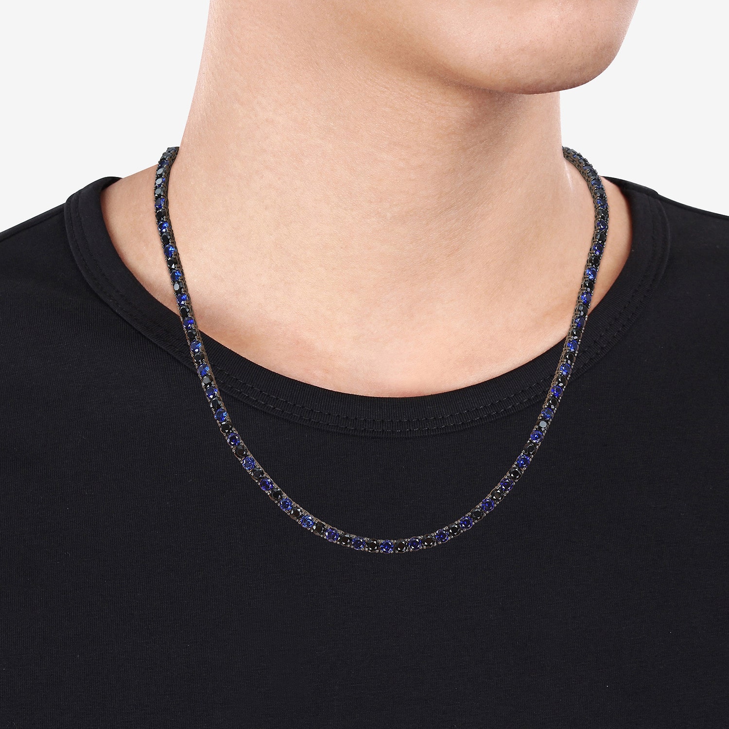 Mens Black Sapphire Sterling Silver 20 Inch Tennis Necklace