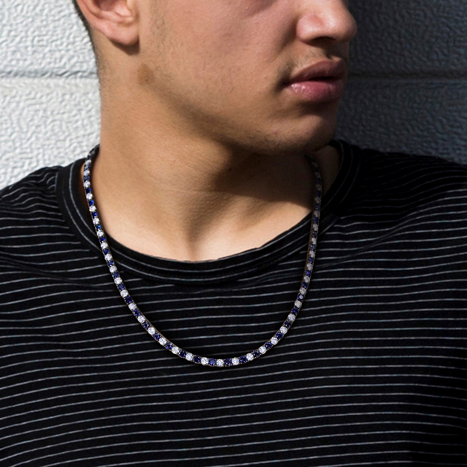 Mens Lab Created Blue & White Sapphire Sterling Silver Tennis Necklaces
