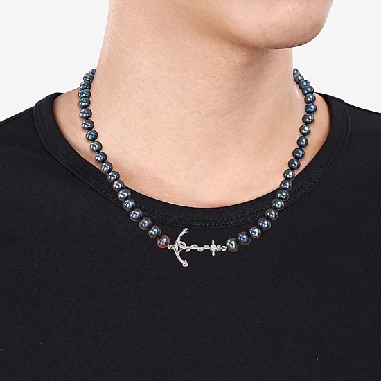 Mens Black Sterling Silver 19 Inch Strand Necklace