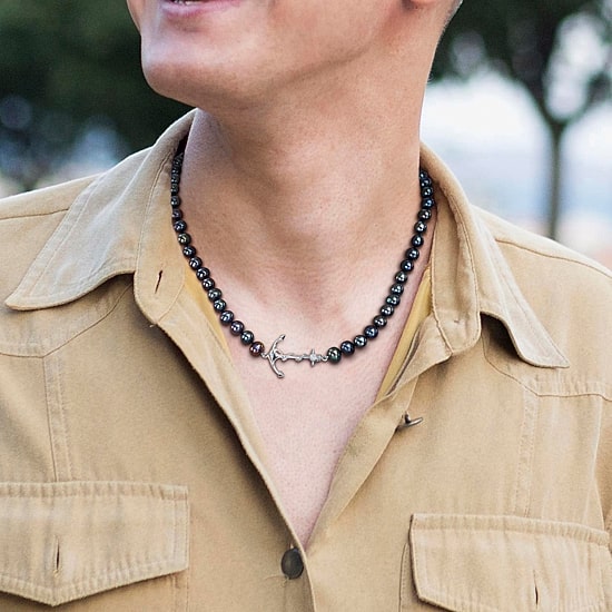 Mens Black Sterling Silver 19 Inch Strand Necklace