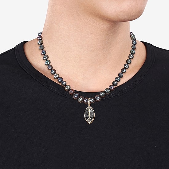 "Football" Mens Black 18K Gold Over Silver 19 Inch Strand Necklace