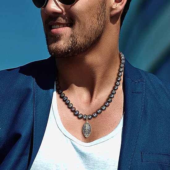 "Football" Mens Black 18K Gold Over Silver 19 Inch Strand Necklace