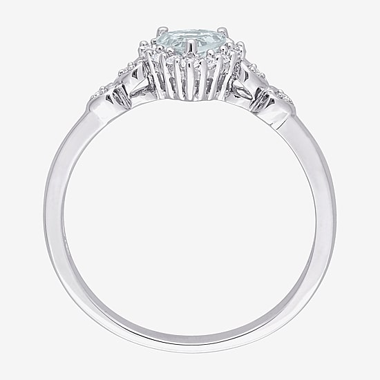 Womens Diamond Accent Genuine Blue Aquamarine Sterling Silver Heart Cocktail Ring