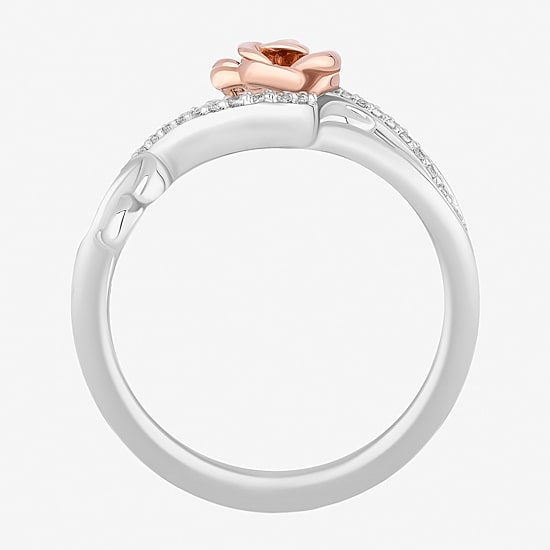 Enchanted Disney Fine Jewelry Womens 1/5 CT. Natural White Diamond 14K Rose Gold Over Silver Sterling Silver Flower Beauty and the Beast Belle Princess Cocktail Ring