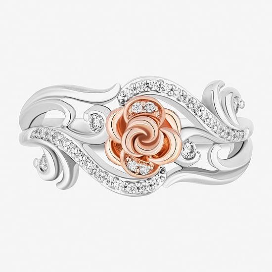 Enchanted Disney Fine Jewelry Womens 1/5 CT. Natural White Diamond 14K Rose Gold Over Silver Sterling Silver Flower Beauty and the Beast Belle Princess Cocktail Ring
