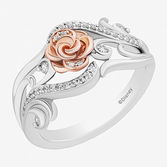 Enchanted Disney Fine Jewelry Womens 1/5 CT. Natural White Diamond 14K Rose Gold Over Silver Sterling Silver Flower Beauty and the Beast Belle Princess Cocktail Ring