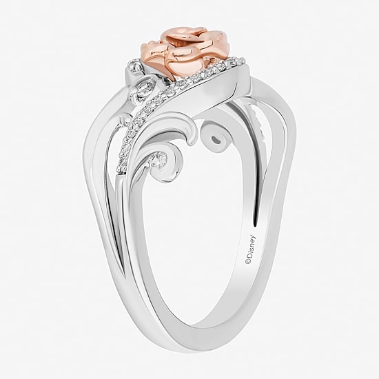 Enchanted Disney Fine Jewelry Womens 1/5 CT. Natural White Diamond 14K Rose Gold Over Silver Sterling Silver Flower Beauty and the Beast Belle Princess Cocktail Ring