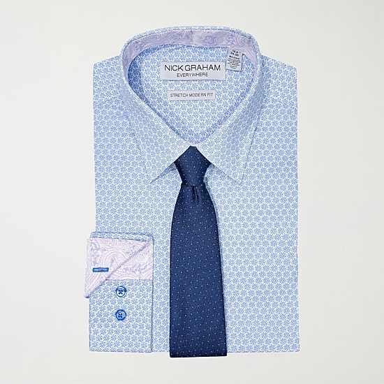 Nick Graham Mens Spread Collar Long Sleeve Stretch Fabric Shirt + Tie Set