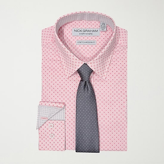 Nick Graham Mens Spread Collar Long Sleeve Stretch Fabric Shirt + Tie Set