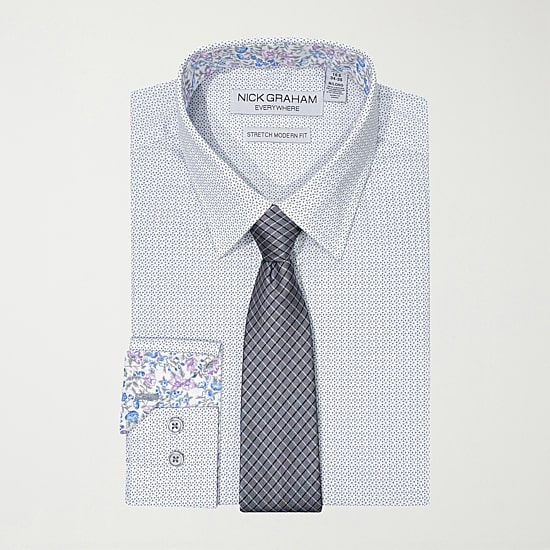 Nick Graham Mens Spread Collar Long Sleeve Stretch Fabric Shirt + Tie Set