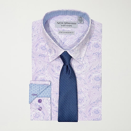 Nick Graham Mens Spread Collar Long Sleeve Stretch Fabric Shirt + Tie Set