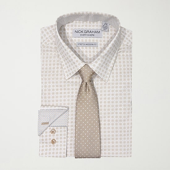 Nick Graham Mens Spread Collar Long Sleeve Stretch Fabric Shirt + Tie Set