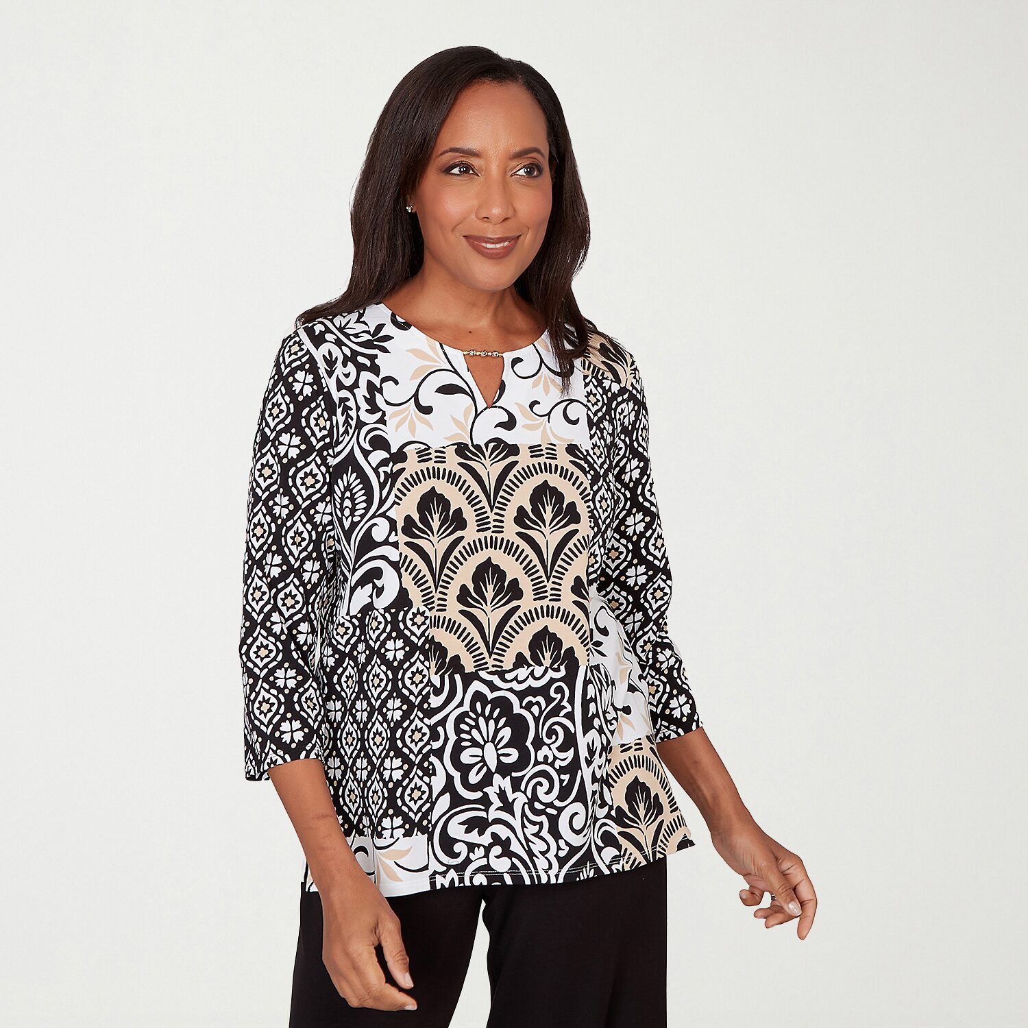 Alfred Dunner Classics Womens Crew Neck 3/4 Sleeve T-Shirt