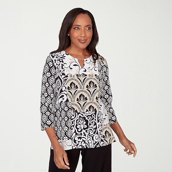 Alfred Dunner Classics Womens Crew Neck 3/4 Sleeve T-Shirt