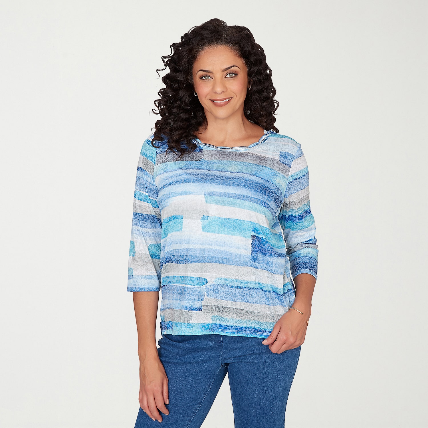 Alfred Dunner Classics Womens Crew Neck 3/4 Sleeve T-Shirt