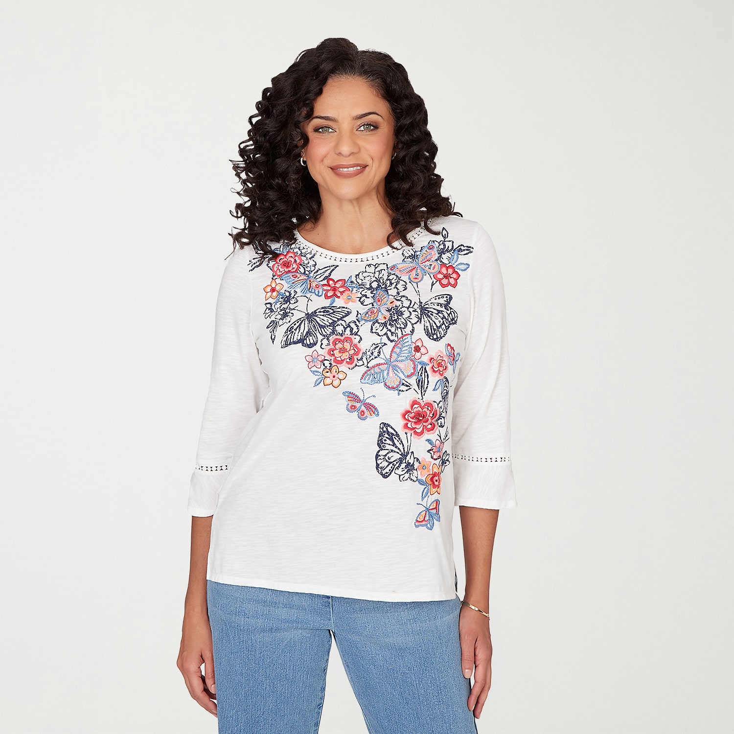 Alfred Dunner Austin Womens Round Neck 3/4 Sleeve T-Shirt