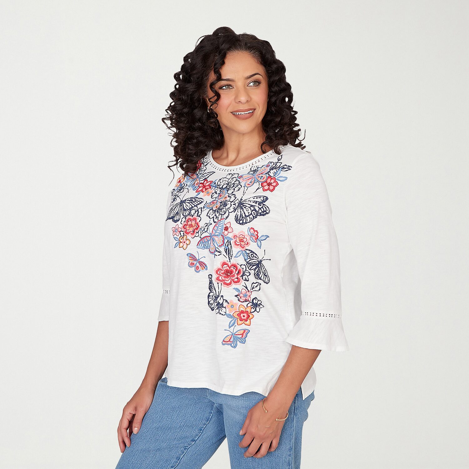 Alfred Dunner Austin Womens Round Neck 3/4 Sleeve T-Shirt