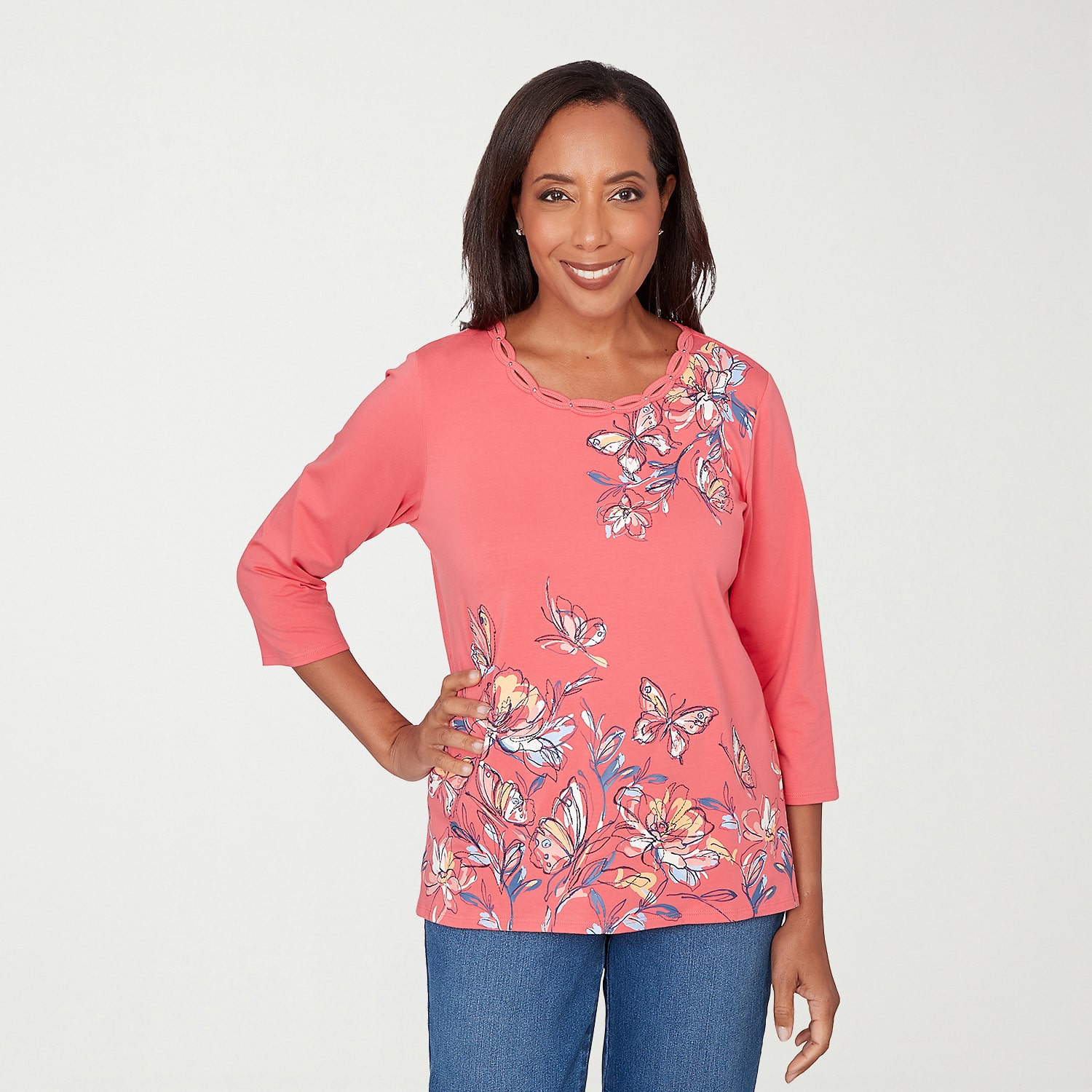 Alfred Dunner Austin Womens Round Neck 3/4 Sleeve T-Shirt