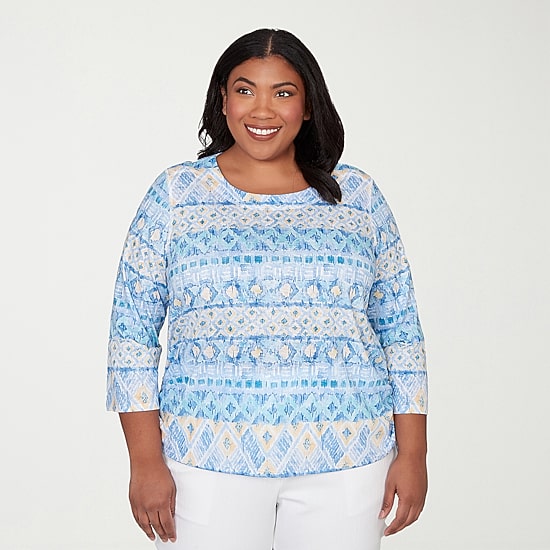 Alfred Dunner Classics Womens Plus Crew Neck 3/4 Sleeve T-Shirt