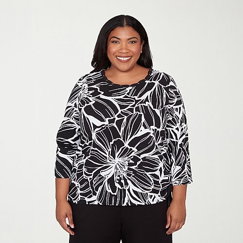 Alfred Dunner Classics Womens Plus Crew Neck 3/4 Sleeve T-Shirt, 3x, Black