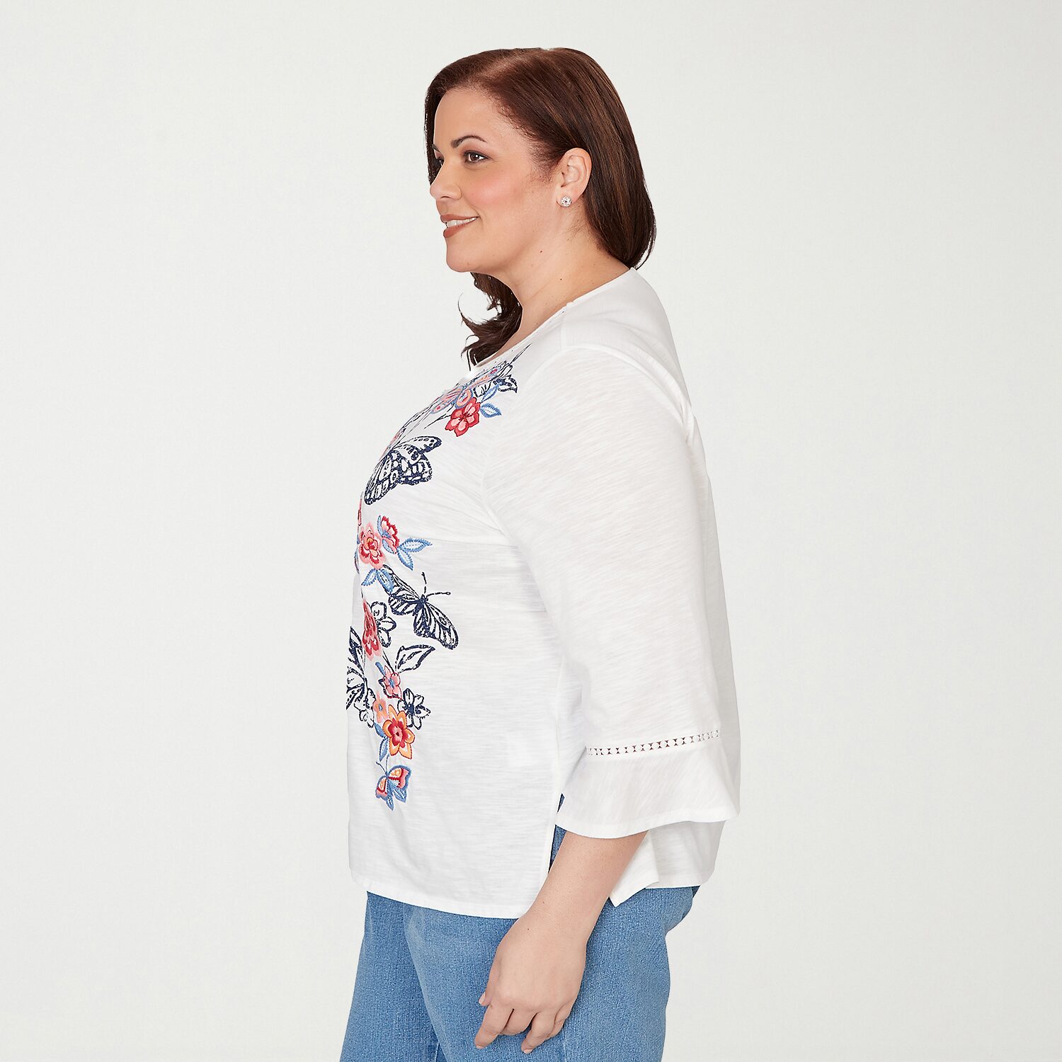 Alfred Dunner Austin Womens Plus Round Neck 3/4 Sleeve Embroidered Blouse