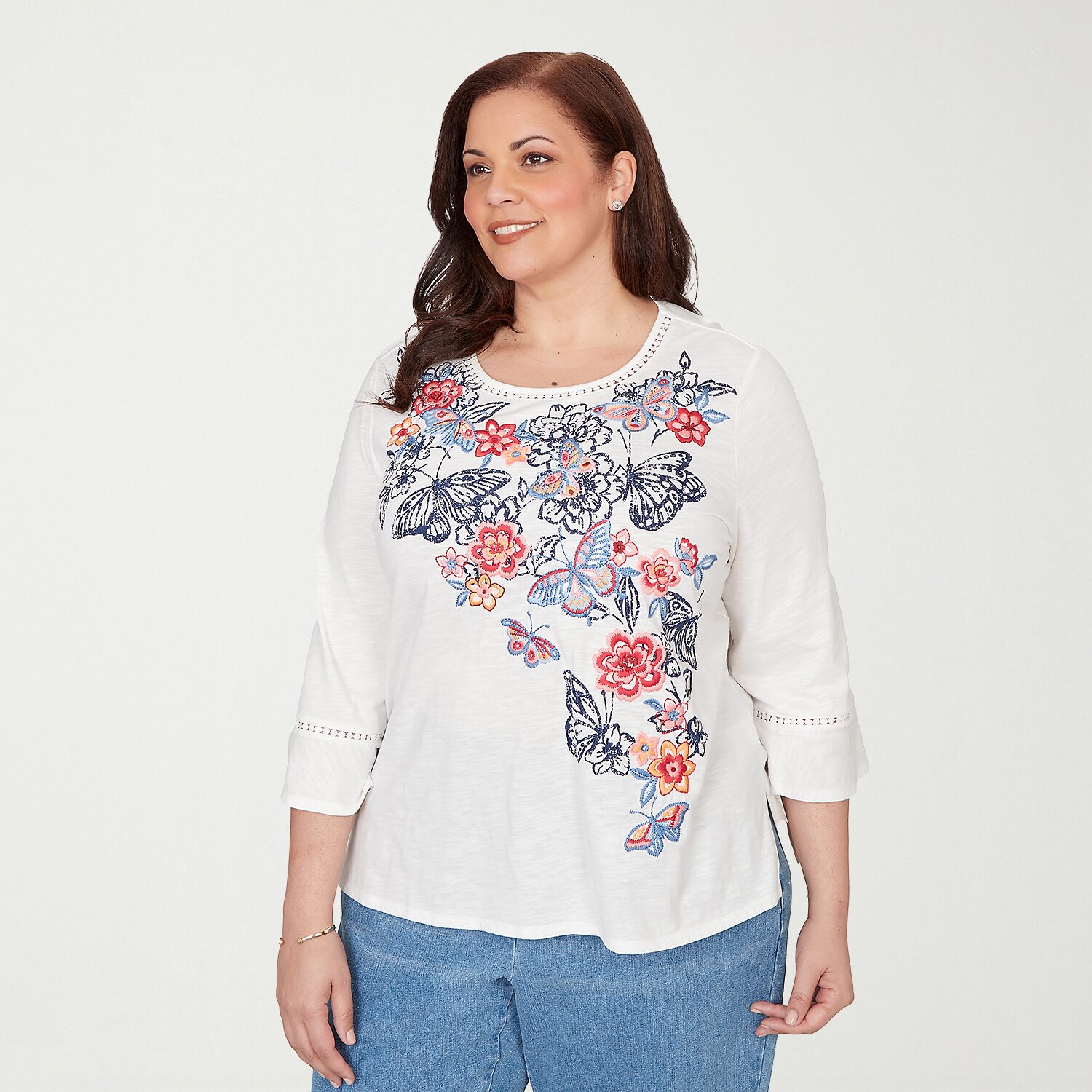 Alfred Dunner Austin Womens Plus Round Neck 3/4 Sleeve Embroidered Blouse