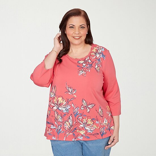 Alfred Dunner Austin Womens Plus Round Neck 3/4 Sleeve T-Shirt