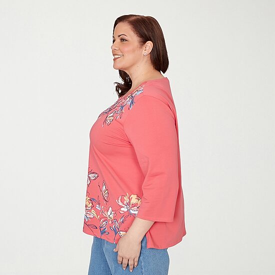 Alfred Dunner Austin Womens Plus Round Neck 3/4 Sleeve T-Shirt