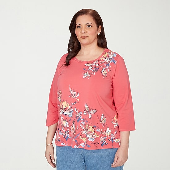 Alfred Dunner Austin Womens Plus Round Neck 3/4 Sleeve T-Shirt