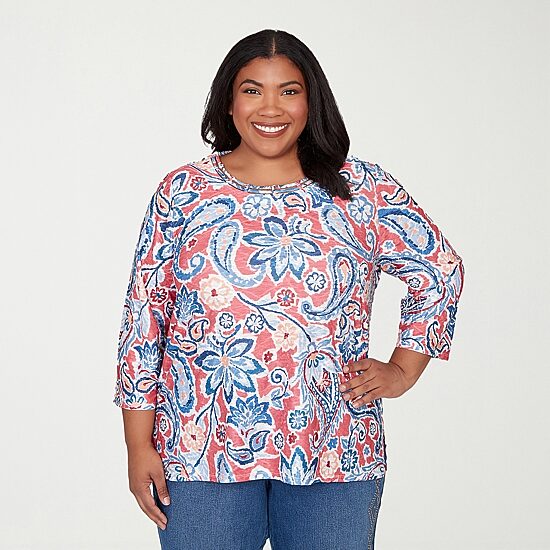 Alfred Dunner Austin Womens Plus Round Neck 3/4 Sleeve T-Shirt