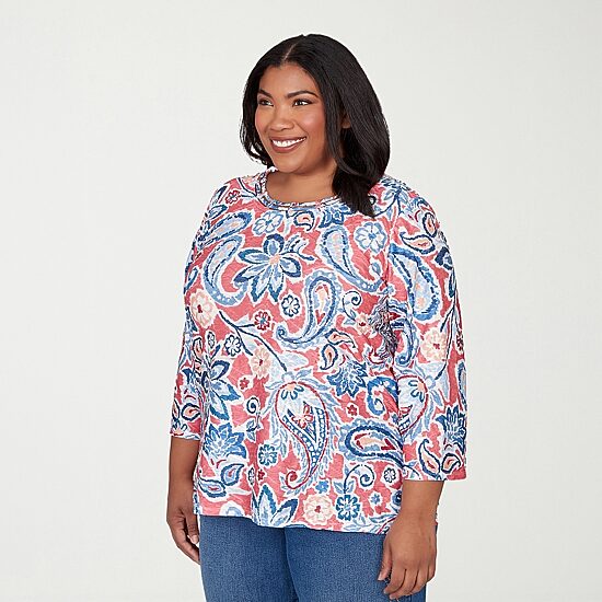 Alfred Dunner Austin Womens Plus Round Neck 3/4 Sleeve T-Shirt