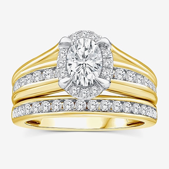 (G / Si1-Si2) Womens 1 1/2 CT. T.W. Lab Grown White Diamond 14K White Gold Oval Side Stone Halo Bridal Set