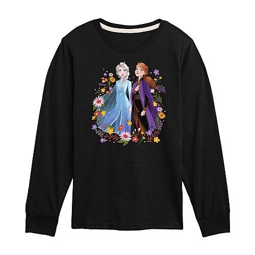 Disney Collection Little & Big Kid Girls Crew Neck Long Sleeve Regular Fit Frozen Graphic T-Shirt, X-large, Black