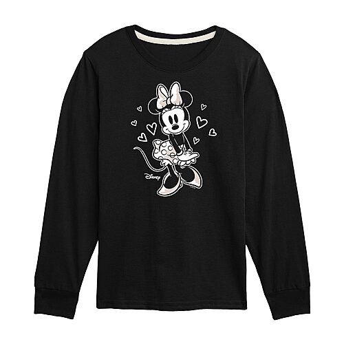 Disney Collection Little & Big Kid Girls Crew Neck Long Sleeve Regular Fit Minnie Mouse Graphic T-Shirt, X-large, Black