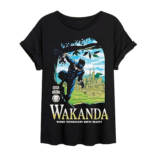 Wakanda Womens Juniors Scoop Neck Short Sleeve Regular Fit Black Panther Marvel Graphic T-Shirt
