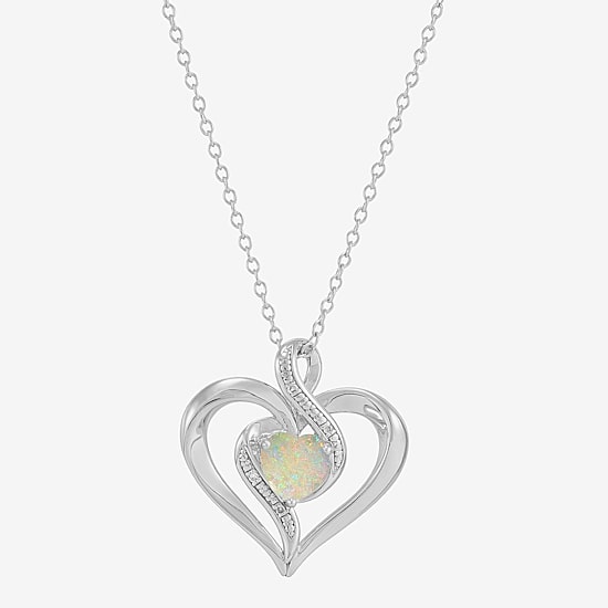 Limited Quantities! Womens Diamond Accent Lab Created White Opal Sterling Silver Heart 18 Inch Pendant Necklace