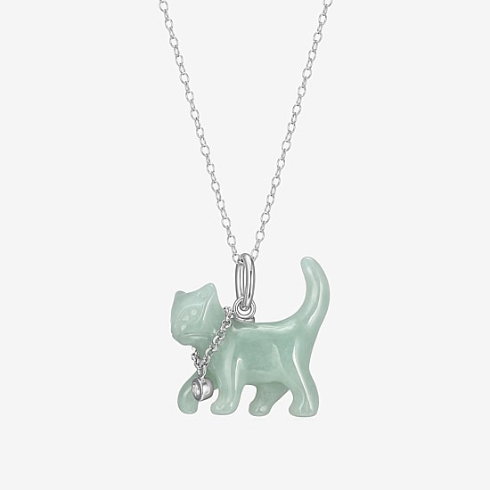Cat Womens Genuine Green Jade Sterling Silver 18 Inch Pendant