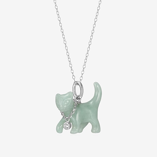 Cat Womens Genuine Green Jade Sterling Silver 18 Inch Pendant Necklace