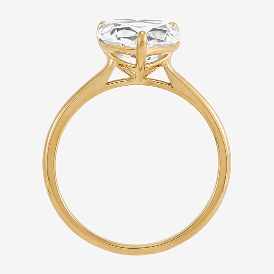 Womens White Cubic Zirconia 10K Gold Heart Solitaire Cocktail Ring