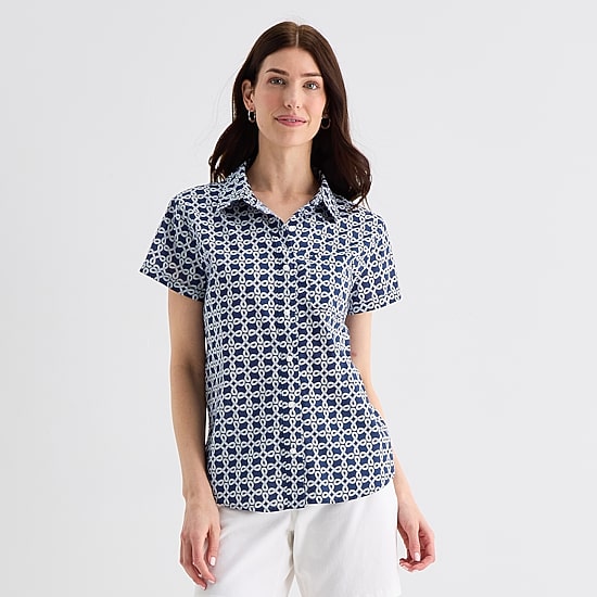 St. John's Bay Womens Easy-on + Easy-off Hidden Access Opening Roll Short Sleeve Regular Fit Button-Down Shirt