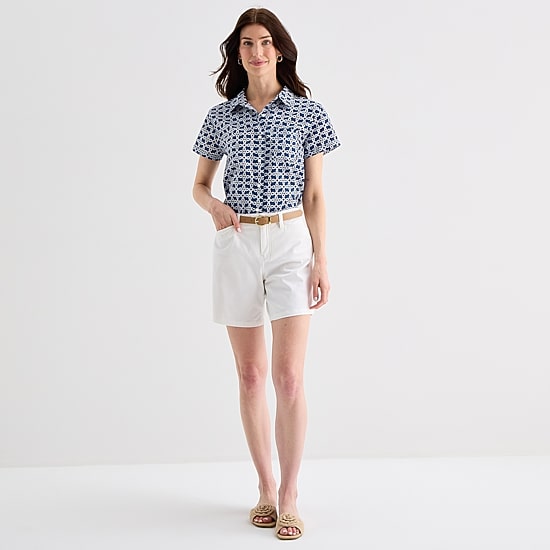 St. John's Bay Womens Easy-on + Easy-off Hidden Access Opening Roll Short Sleeve Regular Fit Button-Down Shirt