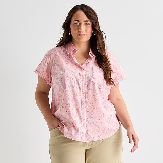 St. John's Bay Womens Plus Roll Short Sleeve Regular Fit Button-Down Shirt