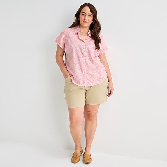 St. John's Bay Womens Plus Roll Short Sleeve Regular Fit Button-Down Shirt